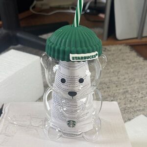 Starbucks Clear Bear Tumbler with Green Lid and Striped Straw